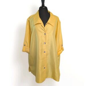 NWT CAROLINE ROSE Yellow Raw Silk Like Shirt Tab 3/4 Sleeve Metal Buttons USA 3X
